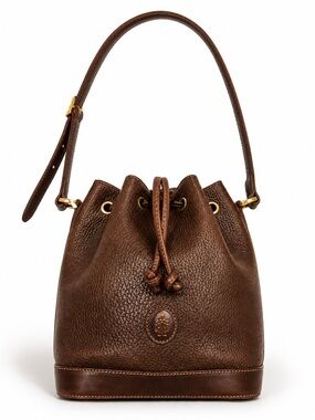 Mark Cross Brown Pebbled Leather Drawstring Bucket Bag Gold Hardware Vintage